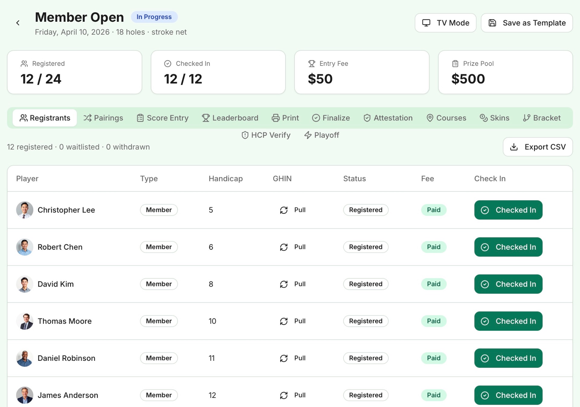 Tournament registrants and check-in management